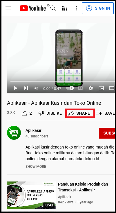 Tombol Bagikan pada video YouTube