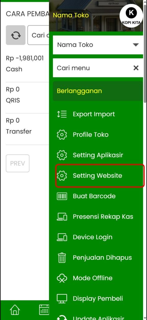 Menu Setting Website di sidebar Aplikasir