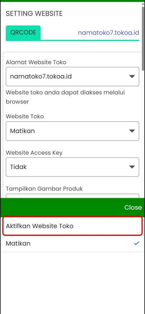 Pilih Aktifkan Website Toko