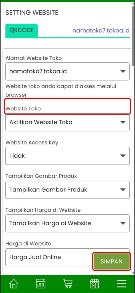 Website Toko aktif, lalu tekan SIMPAN