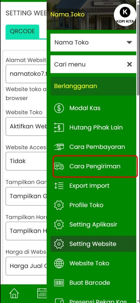 Menu Cara Pengiriman di sidebar
