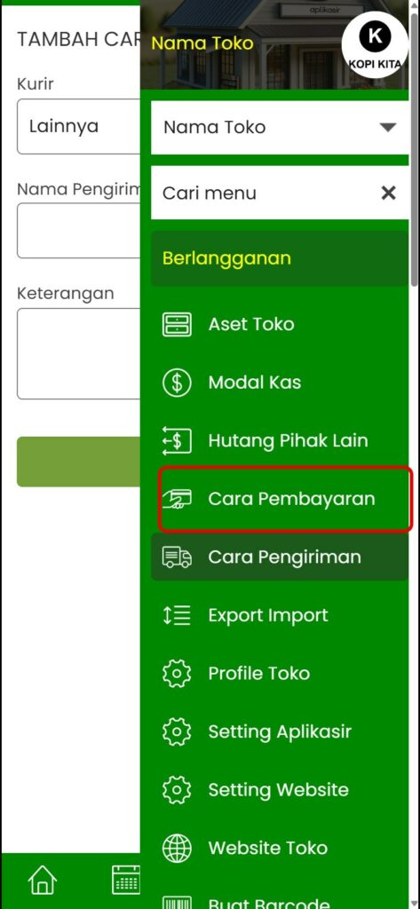 Menu Cara Pembayaran di sidebar
