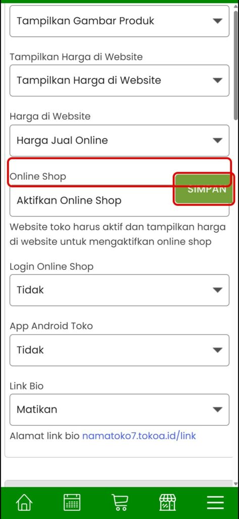 Online Shop aktif lalu tekan SIMPAN