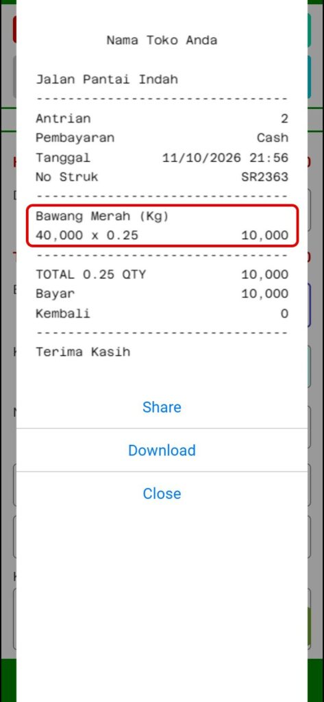 Struk penjualan Bawang Merah 0.25 Kg seharga Rp10.000