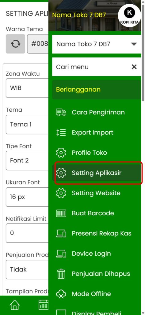 Menu Setting Aplikasir