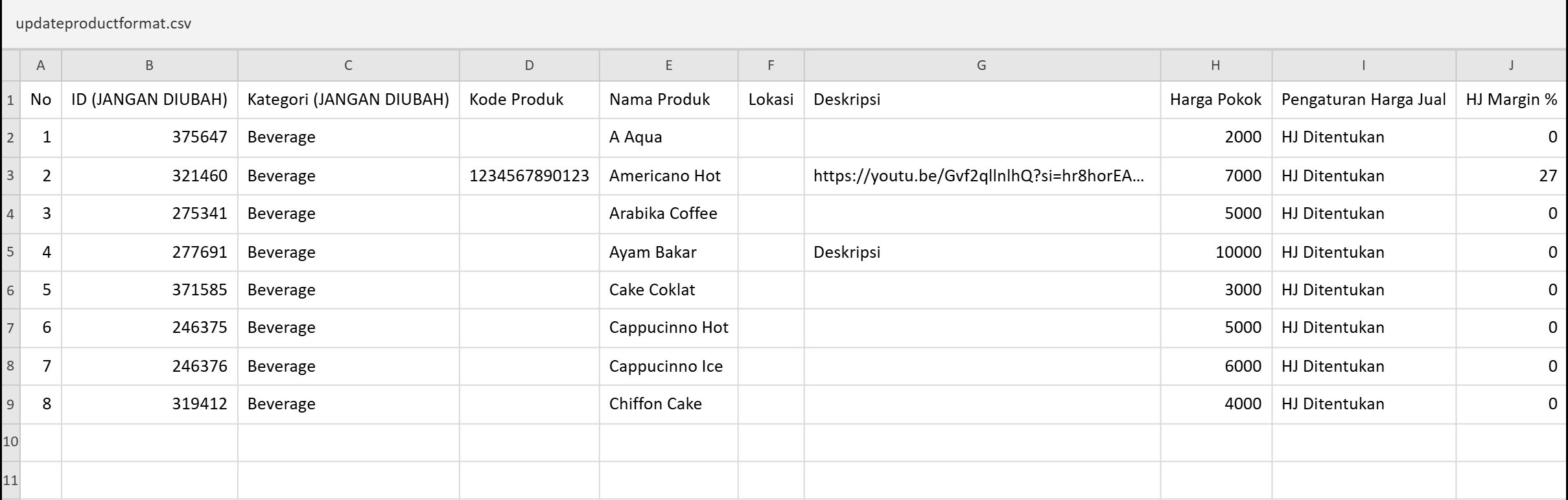 Form Update Produk berisi produk yang sudah ada (kolom A sampai J)