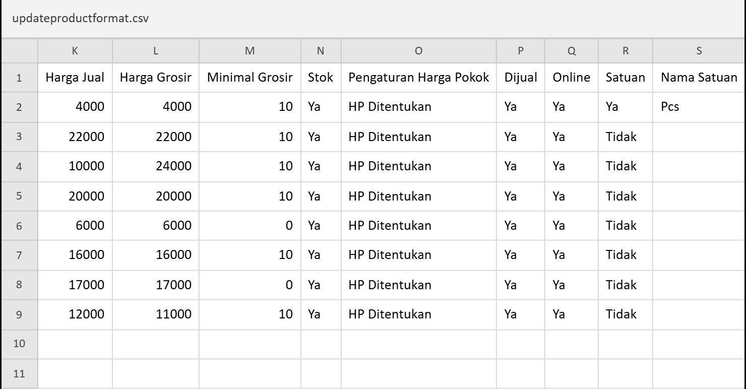 Form Update Produk (kolom K sampai S)