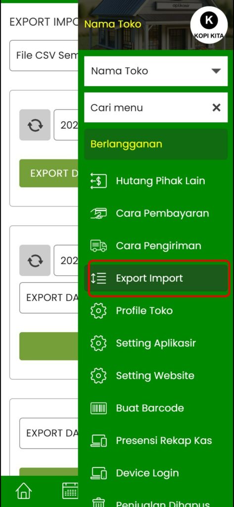 Menu Export Import di sidebar