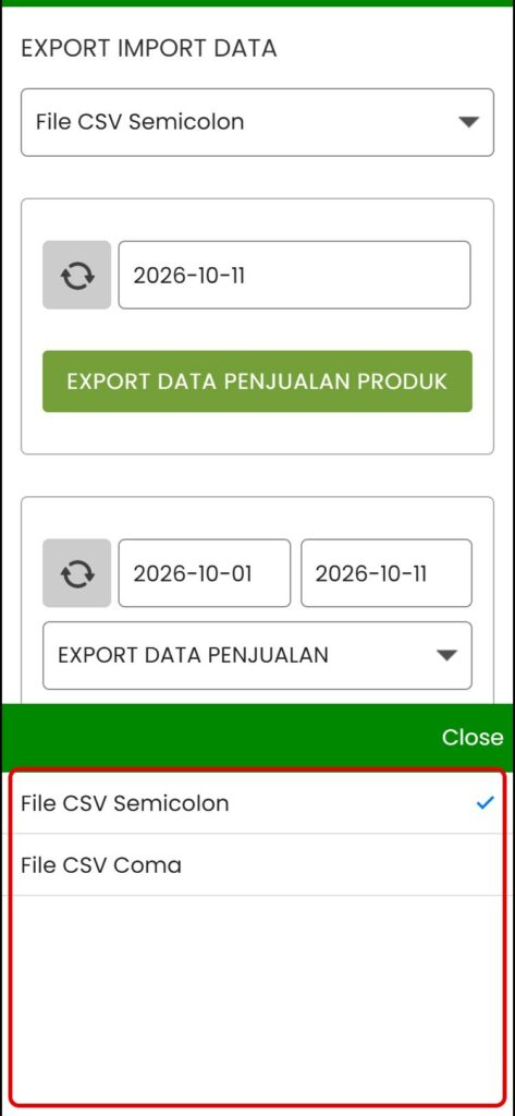 Pilih format File CSV Semicolon atau File CSV Coma