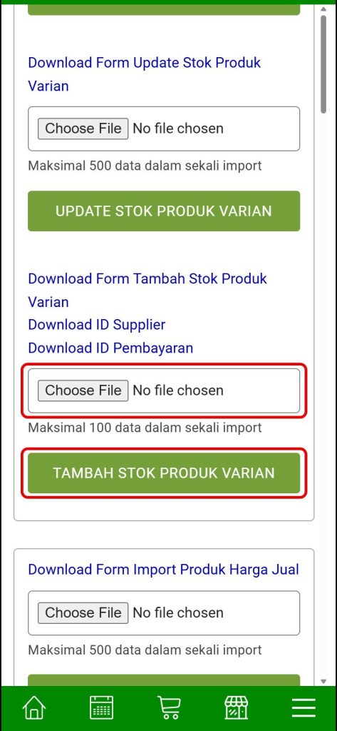 Choose File dan tombol TAMBAH STOK PRODUK VARIAN