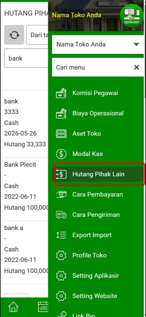 Menu Hutang Pihak Lain di Aplikasir