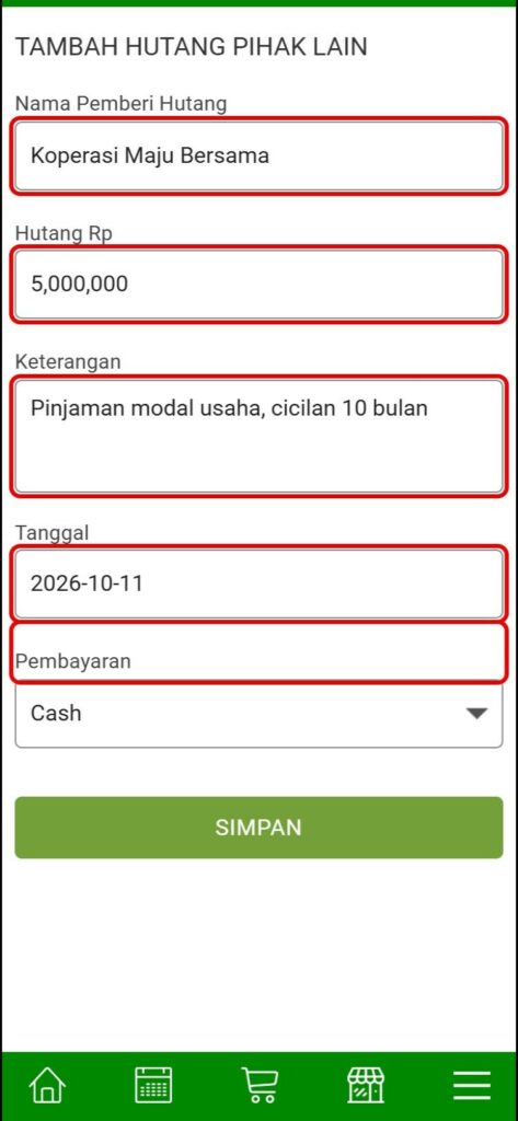 Mengisi form Tambah Hutang Pihak Lain