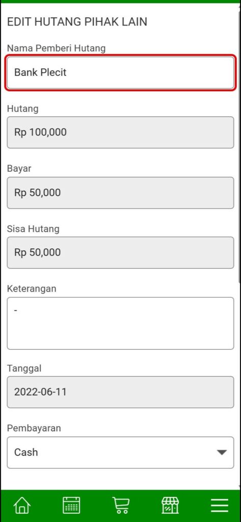 Detail hutang dengan jumlah hutang, bayar, dan sisa hutang