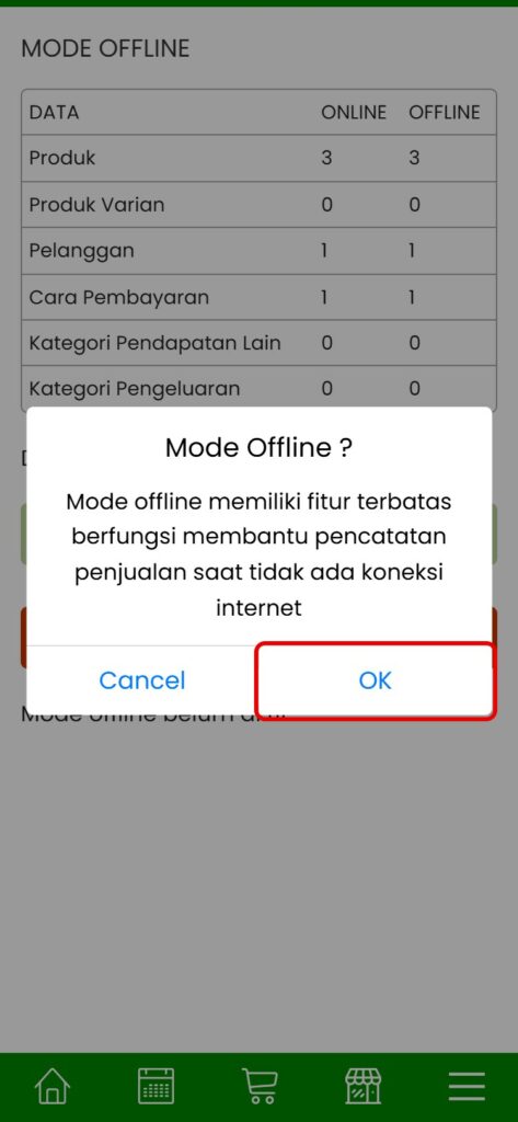 Konfirmasi mengaktifkan Mode Offline Aplikasir