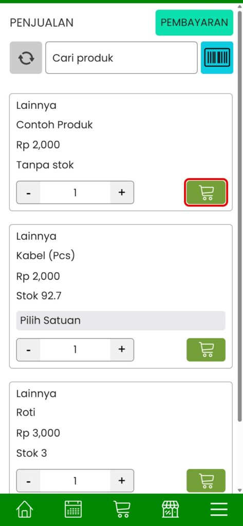 Menambahkan produk ke keranjang di menu Penjualan saat Mode Offline