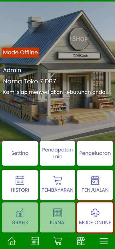 Tombol Mode Online di halaman utama Aplikasir