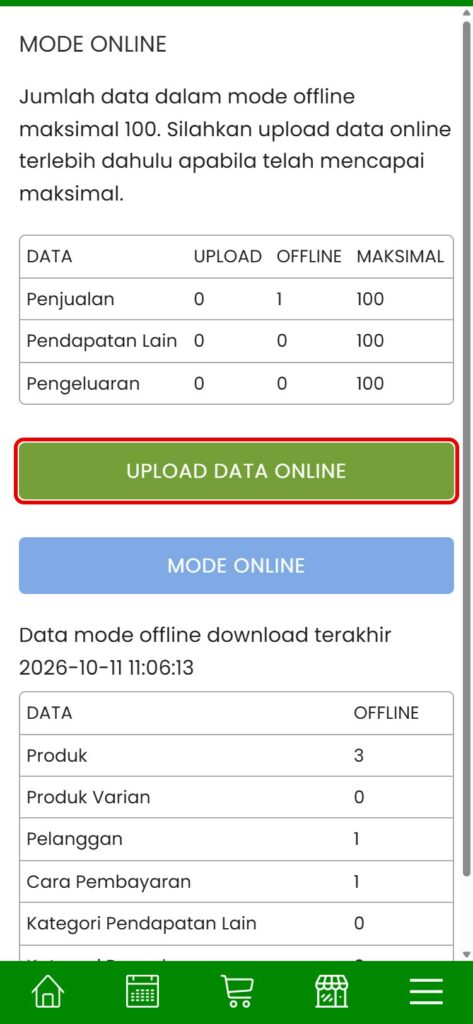 Tombol Upload Data Online di Aplikasir