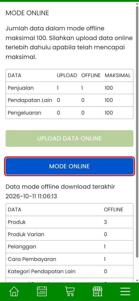 Tombol Mode Online setelah upload data di Aplikasir
