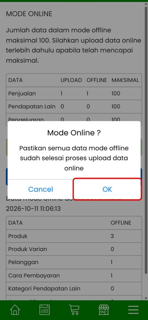Konfirmasi kembali ke Mode Online Aplikasir