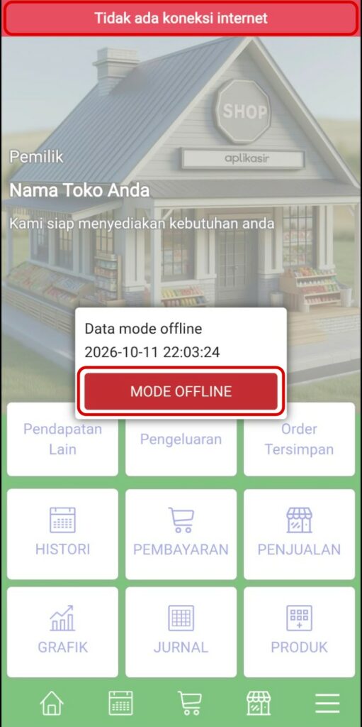 Internet terputus saat aplikasi dipakai: ketuk tombol MODE OFFLINE