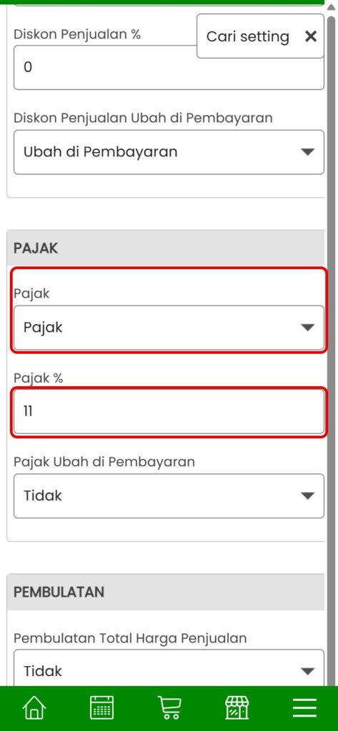 Pajak diaktifkan dengan persentase 11%, lalu klik Simpan