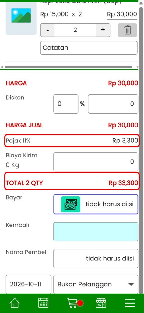 Pajak 11% otomatis dihitung di menu Pembayaran