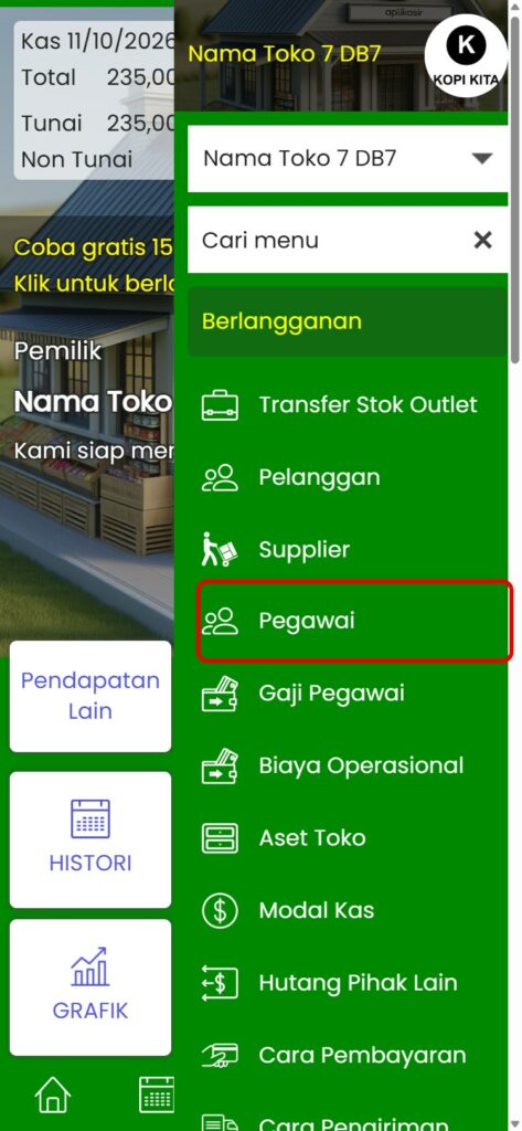 Menu Pegawai di menu samping Aplikasir