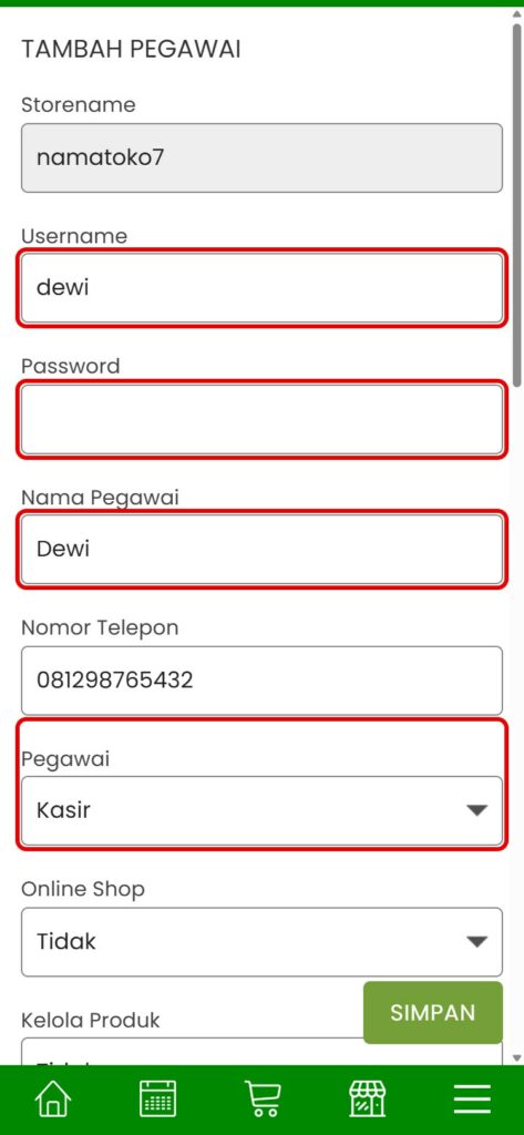 Form Tambah Pegawai: storename, username, password, nama, nomor telepon, dan jenis pegawai