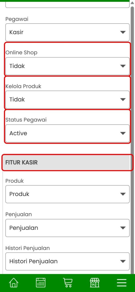 Pengaturan akses pegawai: online shop, kelola produk, status, dan fitur kasir