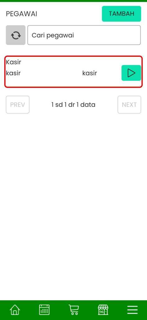 Daftar pegawai: jenis akun, nama, username, dan tombol edit