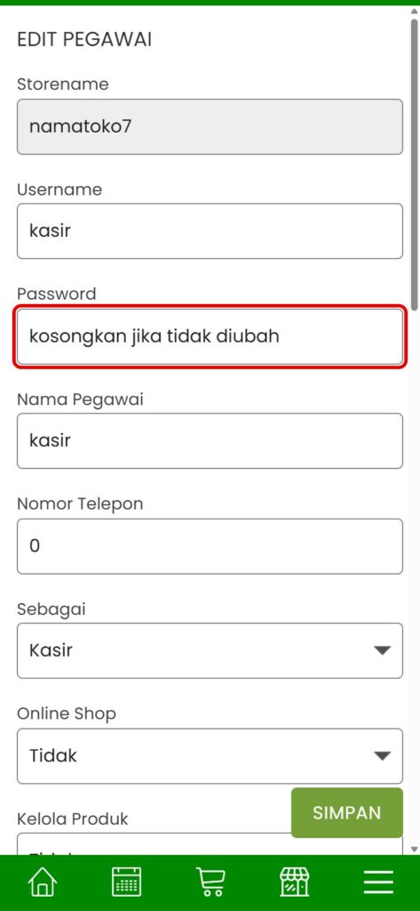 Halaman Edit Pegawai: ganti password dan atur status pegawai