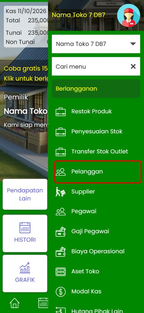 Menu Pelanggan di menu samping Aplikasir