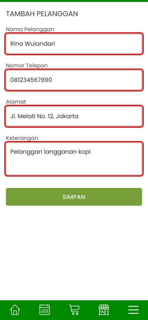 Form Tambah Pelanggan: nama, nomor telepon, alamat, dan keterangan
