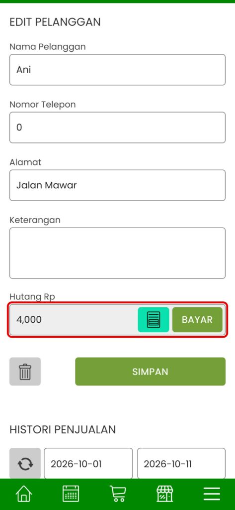 Halaman Edit Pelanggan: ubah data, lihat total hutang, bayar hutang, atau hapus pelanggan