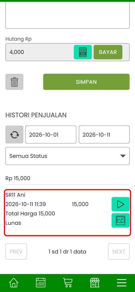 Histori Penjualan pelanggan di halaman Edit Pelanggan
