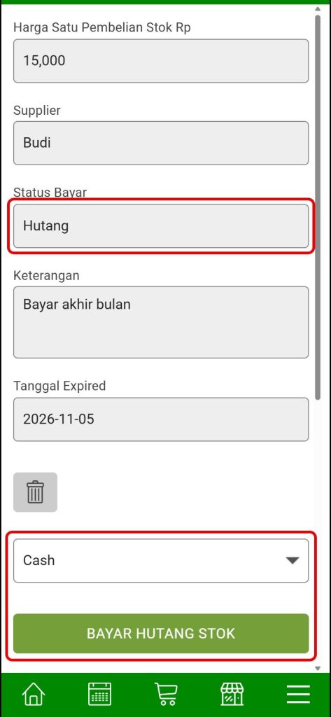 Bayar hutang stok di detail Restok Produk