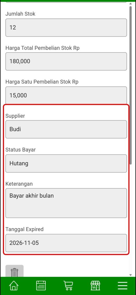 Detail histori restok: supplier, status bayar, keterangan dan tanggal expired