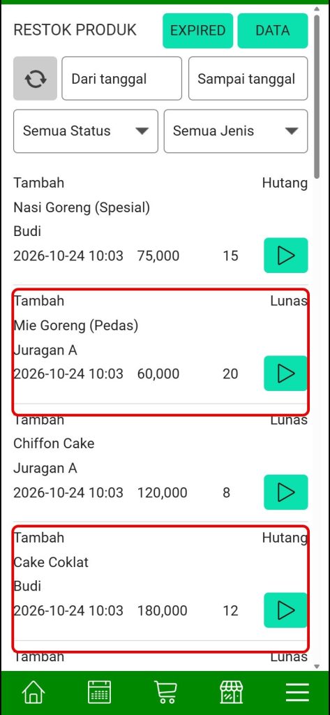 Histori hasil import tambah stok produk dan varian di menu Restok Produk