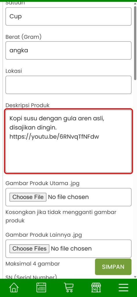 Menempelkan link YouTube di kolom Deskripsi Produk